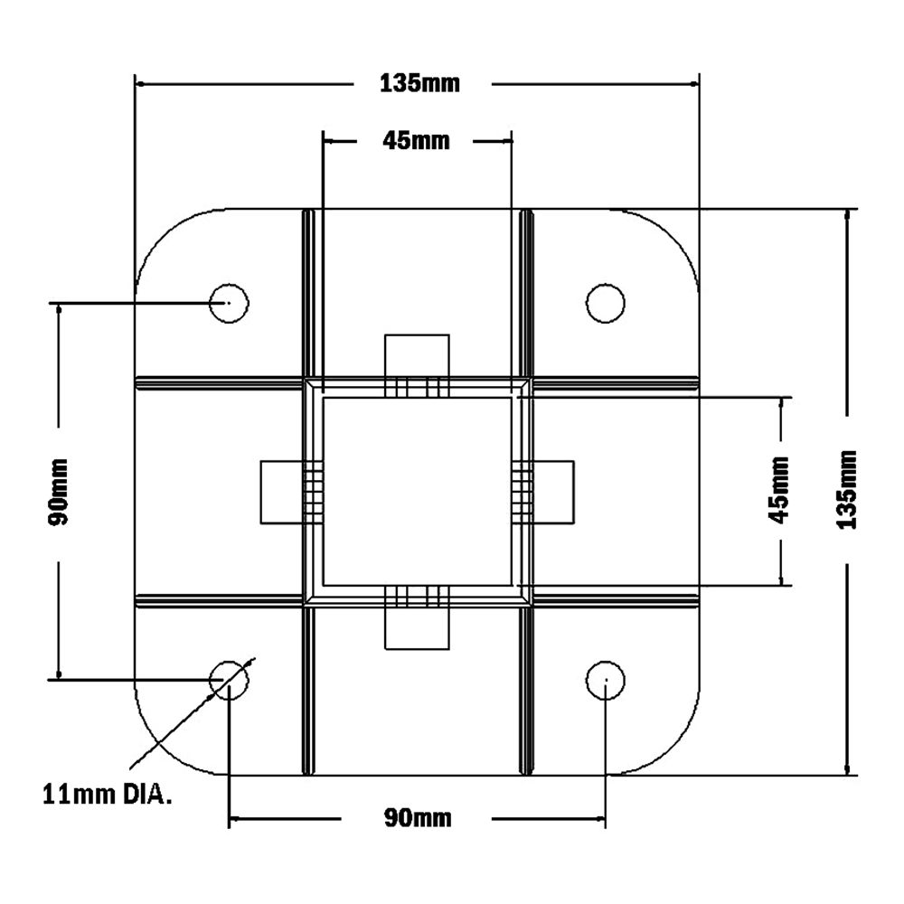 33-4545-1 MODULAR SOLUTIONS FOOT<br>45MM X 45MM (4) SIDED FOOT W/11MM FLOOR ANCHOR HOLES